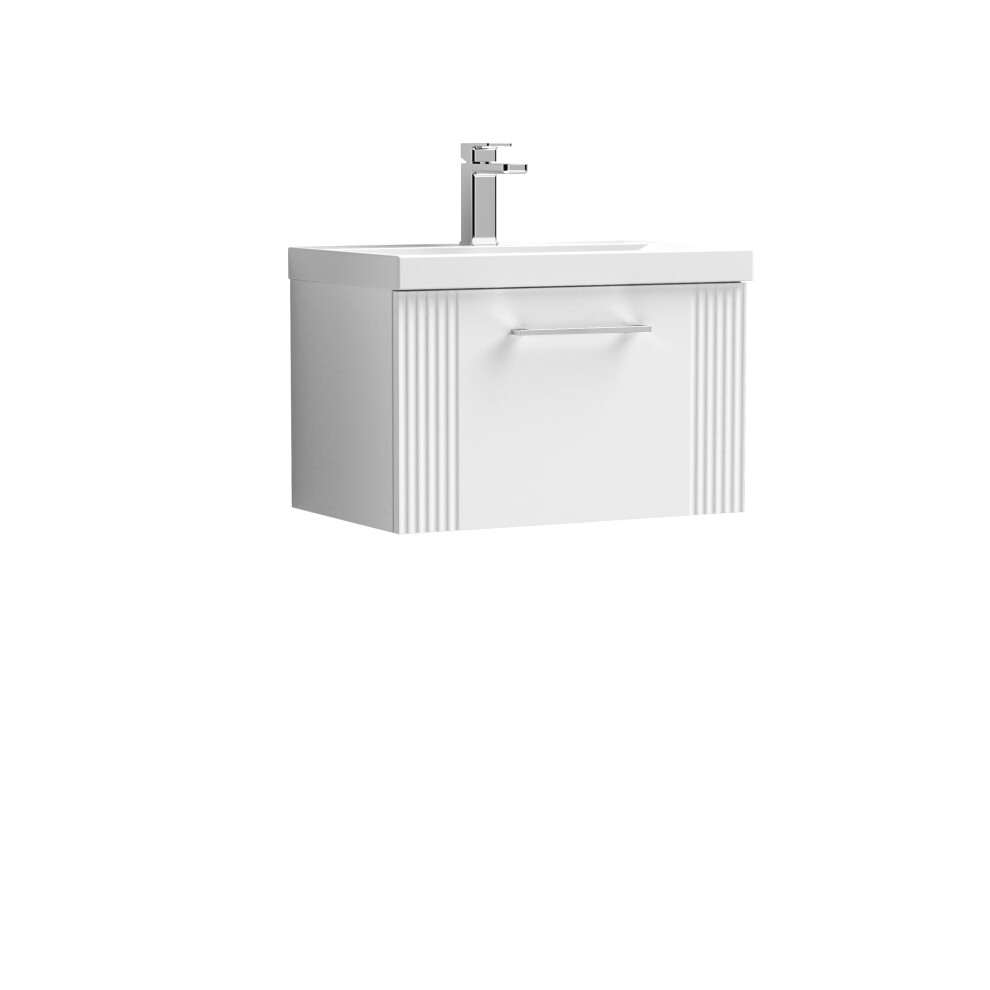 Retro 1 Drawer Wall Hung Vanity Unit with Curved 1 Tap Hole Ceramic Basin - 600mm - Satin White