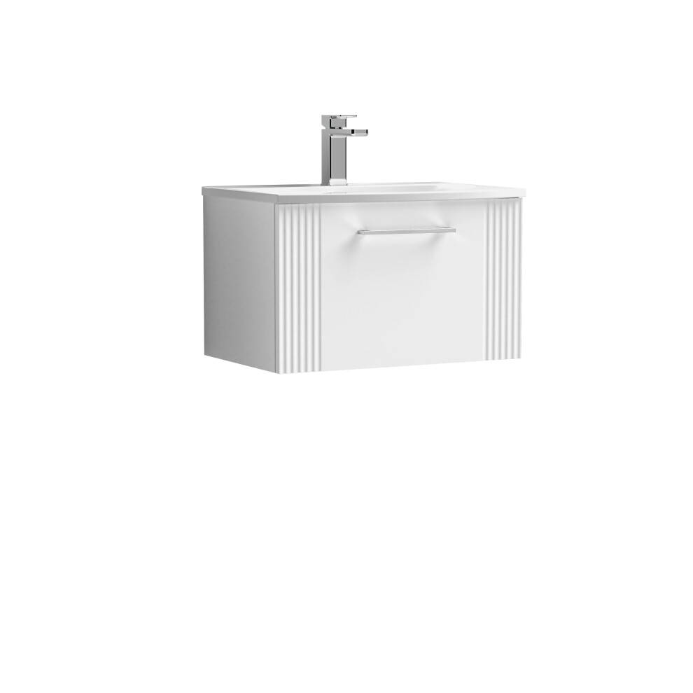 Retro 1 Drawer Wall Hung Vanity Unit with Curved 1 Tap Hole Ceramic Basin - 600mm - Satin White - Balterley