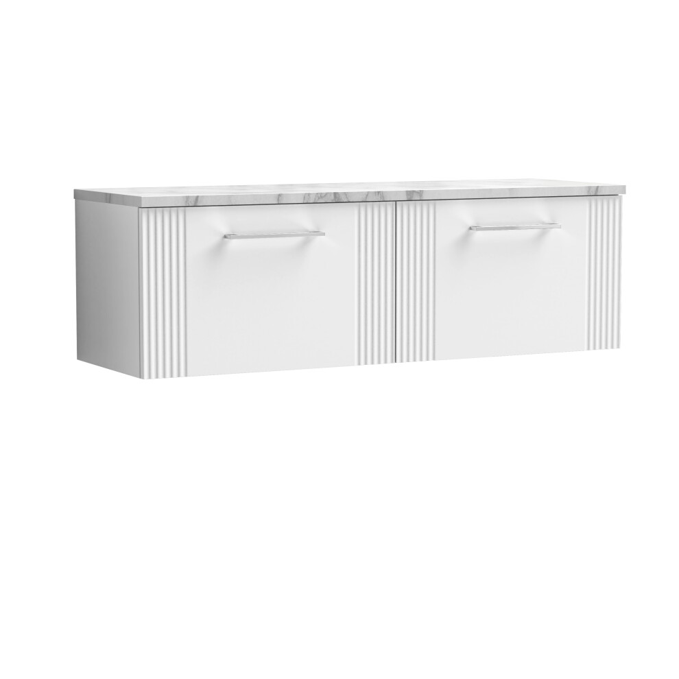 Retro 2 Drawer Wall Hung Vanity Unit with Carrera Marble Laminate Worktop - 1200mm - Satin White - Balterley