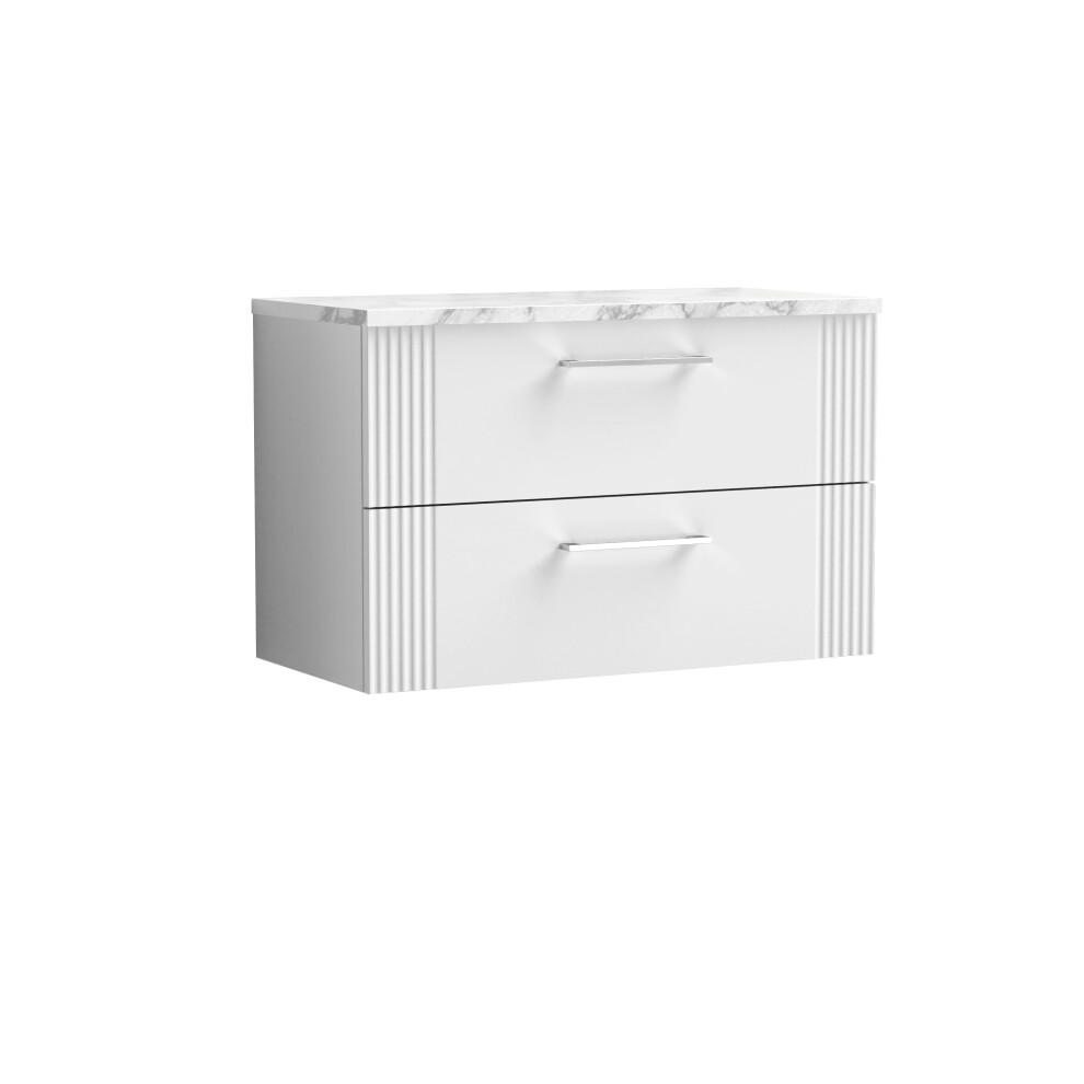 Retro 2 Drawer Wall Hung Vanity Unit with Carrera Marble Laminate Worktop - 800mm - Satin White - Balterley