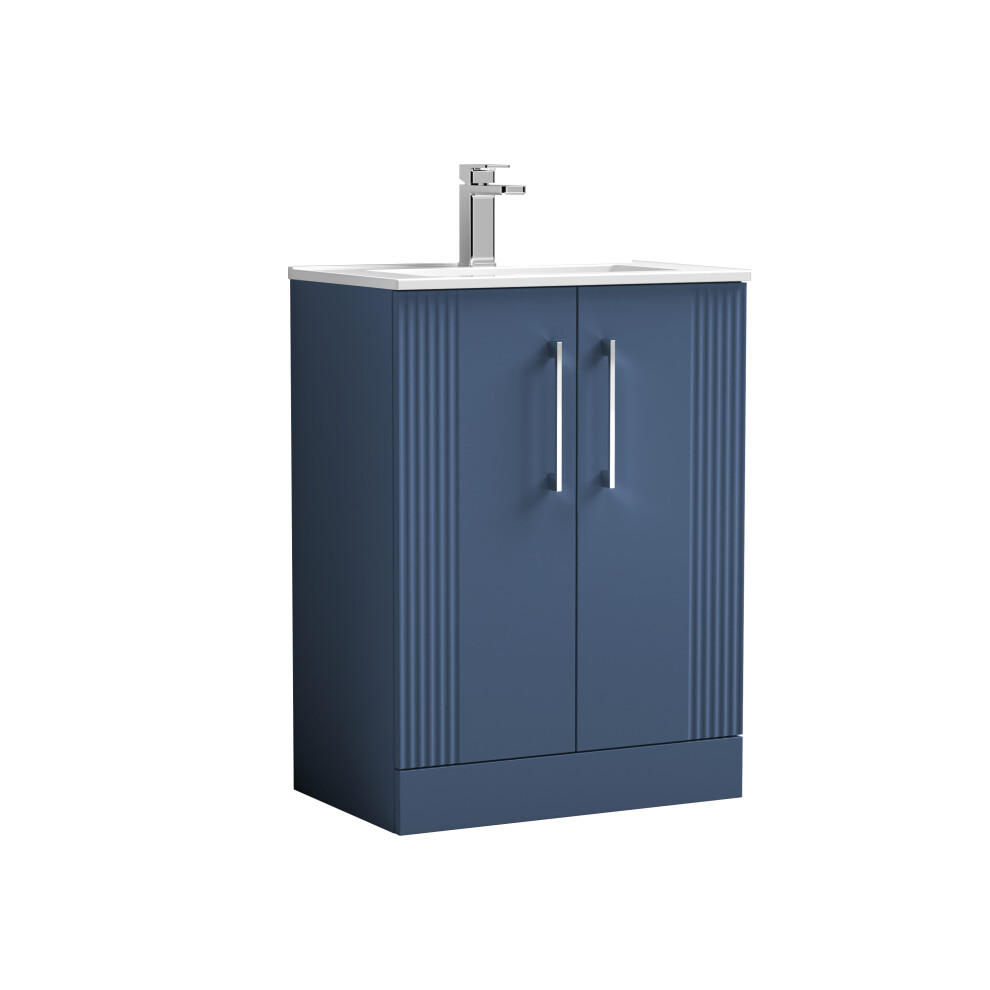 Retro 2 Door Floor Standing Vanity Unit with Minimalist 1 Tap Hole Ceramic Basin - 600mm - Satin Blue - Balterley