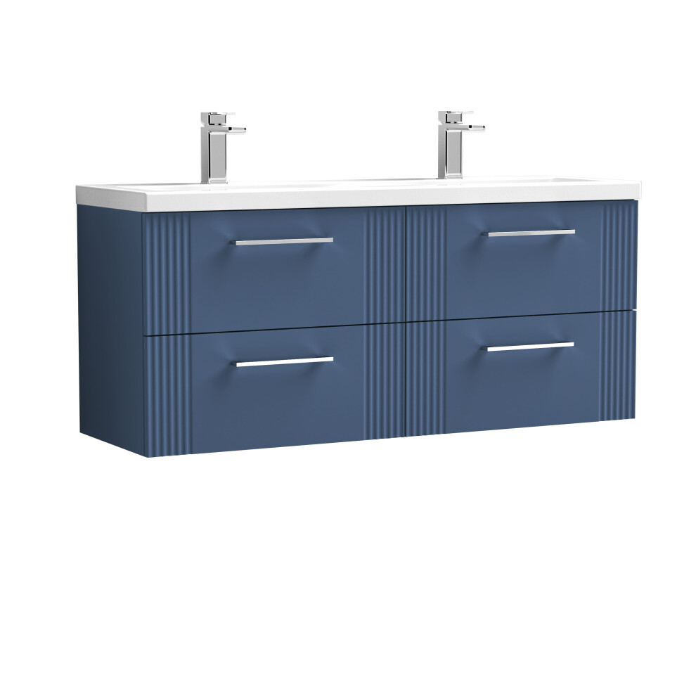 Retro 4 Drawer Wall Hung Vanity Unit with Double Ceramic Basin - 1200mm - Satin Blue - Balterley