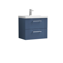 Retro 2 Drawer Wall Hung Vanity Unit with Mid-Edge 1 Tap Hole Ceramic Basin - 600mm - Satin Blue - Balterley