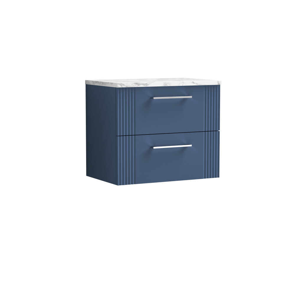 Retro 2 Drawer Wall Hung Vanity Unit with Carrera Marble Laminate Worktop - 600mm - Satin Blue - Balterley