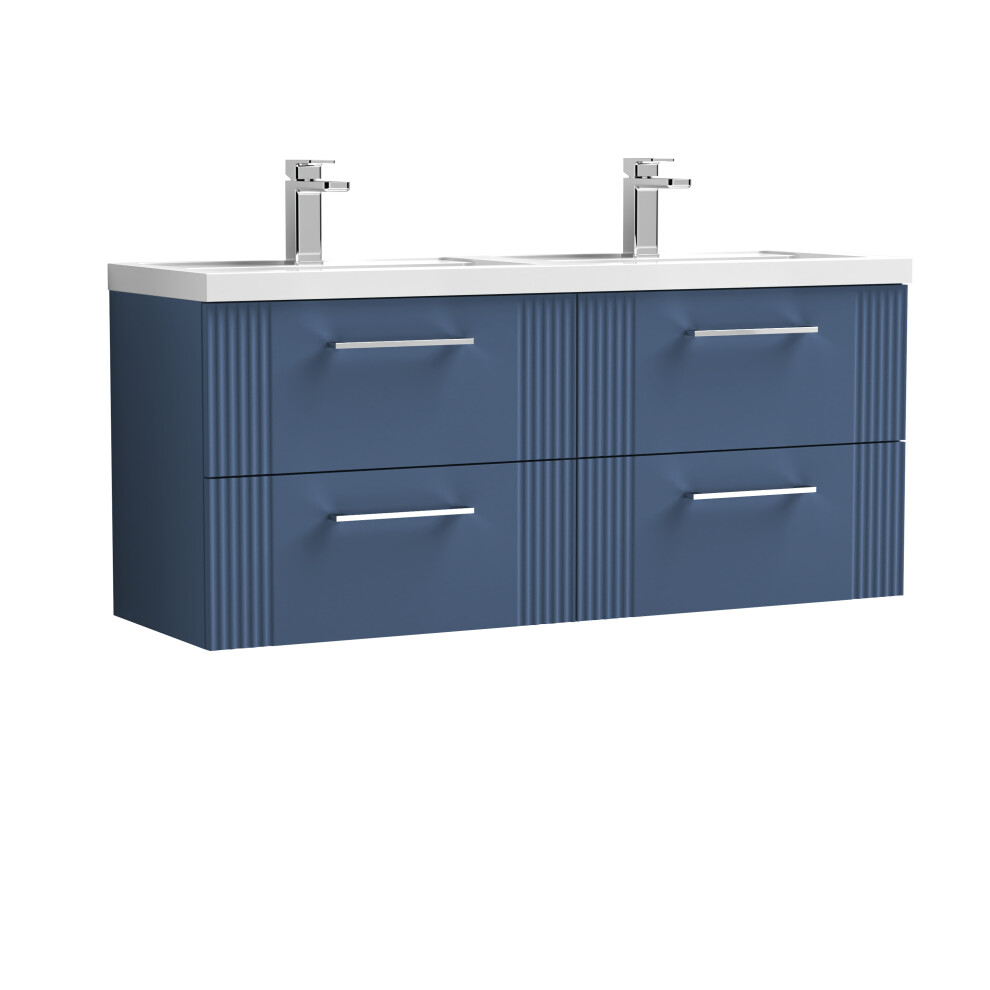 Retro 4 Drawer Wall Hung Vanity Unit with Double Polymarble Basin - 1200mm - Satin Blue - Balterley