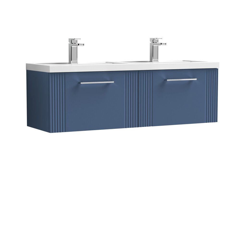 Retro 2 Drawer Wall Hung Vanity Unit with Double Polymarble Basin - 1200mm - Satin Blue - Balterley