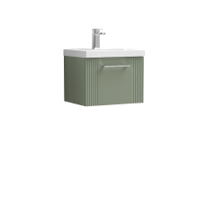 Retro 1 Drawer Wall Hung Vanity Unit with Mid-Edge 1 Tap Hole Ceramic Basin - 500mm - Satin Green - Balterley