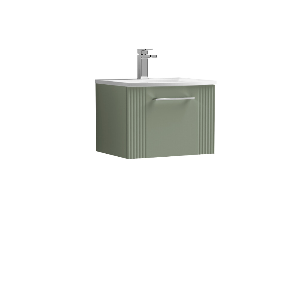 Retro 1 Drawer Wall Hung Vanity Unit with Curved 1 Tap Hole Ceramic Basin - 500mm - Satin Green - Balterley