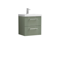 Retro 2 Drawer Wall Hung Vanity Unit with Mid-Edge 1 Tap Hole Ceramic Basin - 500mm - Satin Green - Balterley
