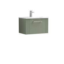 Retro 1 Drawer Wall Hung Vanity Unit with Minimalist 1 Tap Hole Ceramic Basin - 600mm - Satin Green - Balterley