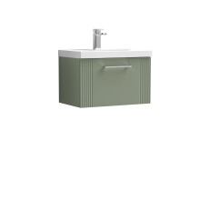 Retro 1 Drawer Wall Hung Vanity Unit with Mid-Edge 1 Tap Hole Ceramic Basin - 600mm - Satin Green - Balterley