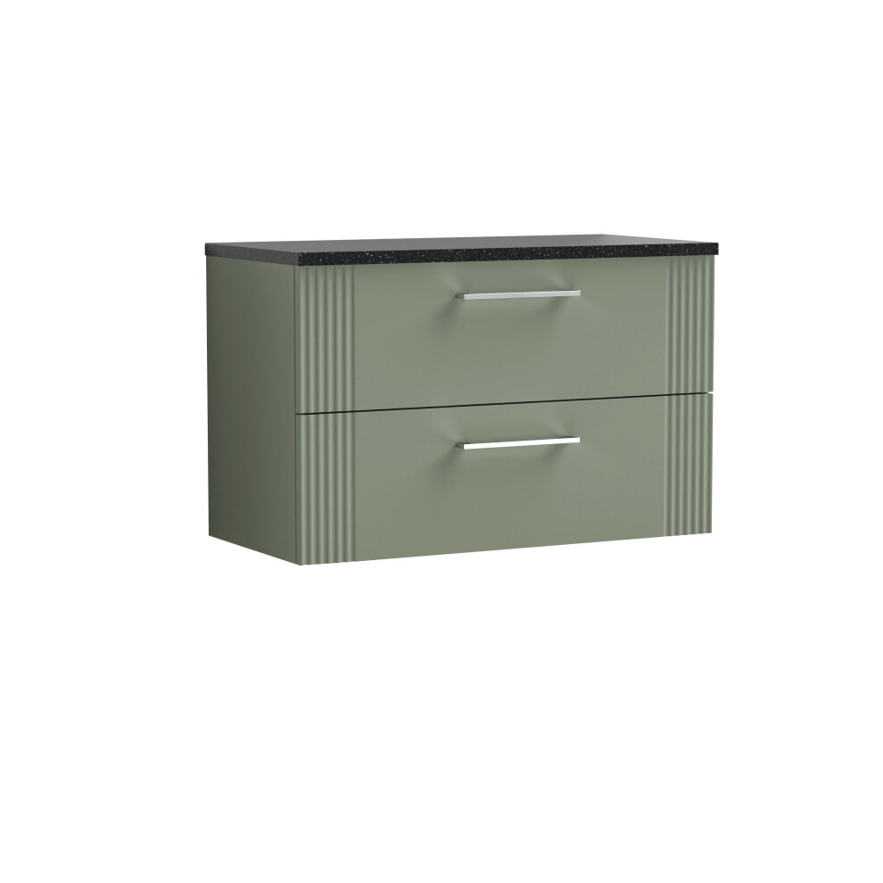 Retro 2 Drawer Wall Hung Vanity Unit with Sparkling Black Laminate Worktop - 800mm - Satin Green - Balterley