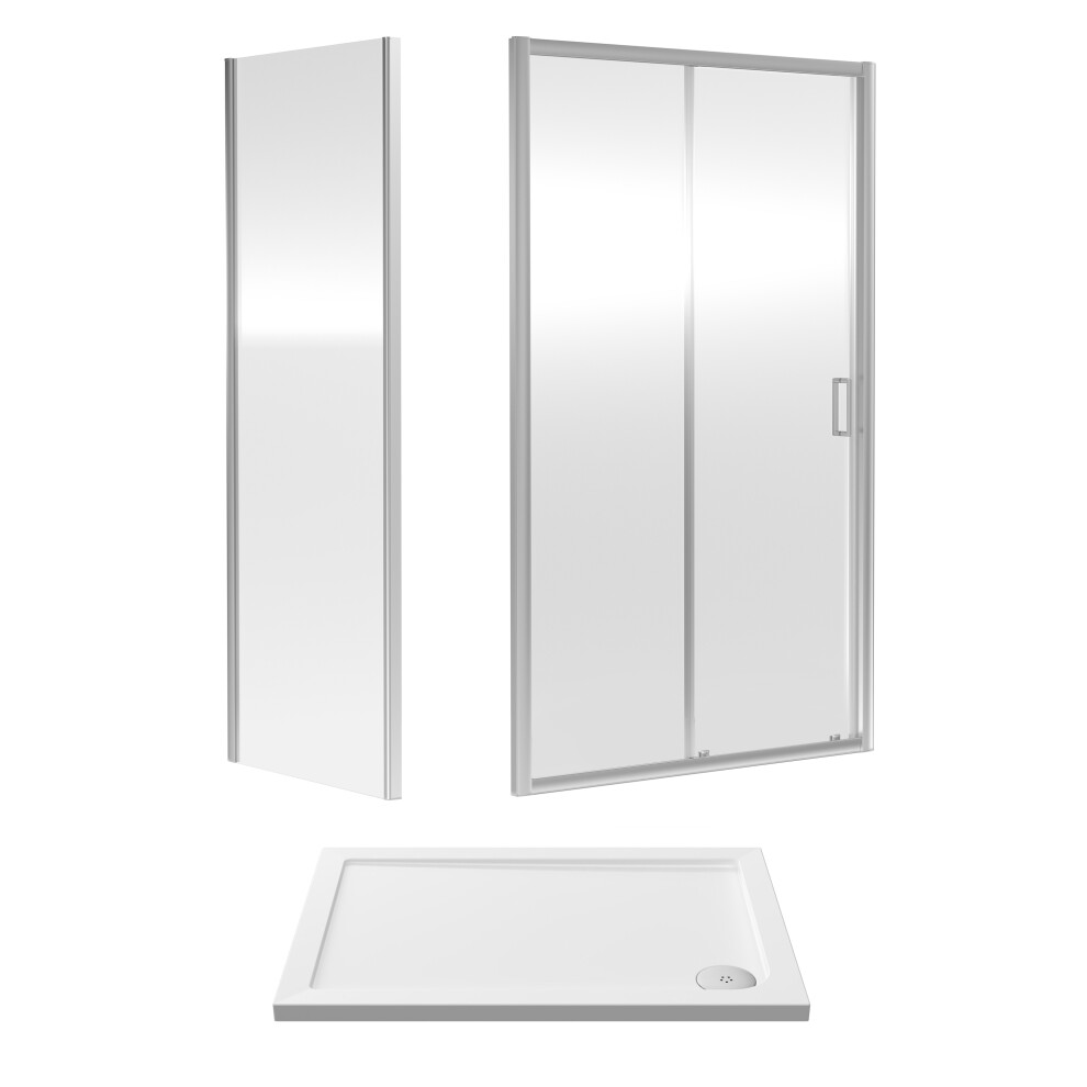 6mm Toughened Safety Glass Sliding Shower Door, Side Panel and Shower Tray - 1000 x 700 x 1900mm - Chrome Frame - White Tray