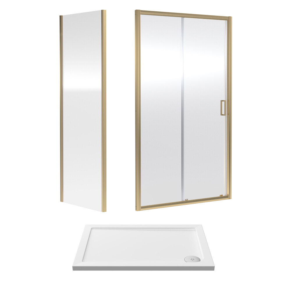 6mm Toughened Safety Glass Sliding Shower Door, Side Panel and Shower Tray -  1000 x 700 x 1900mm - Brushed Brass Frame - White Tray