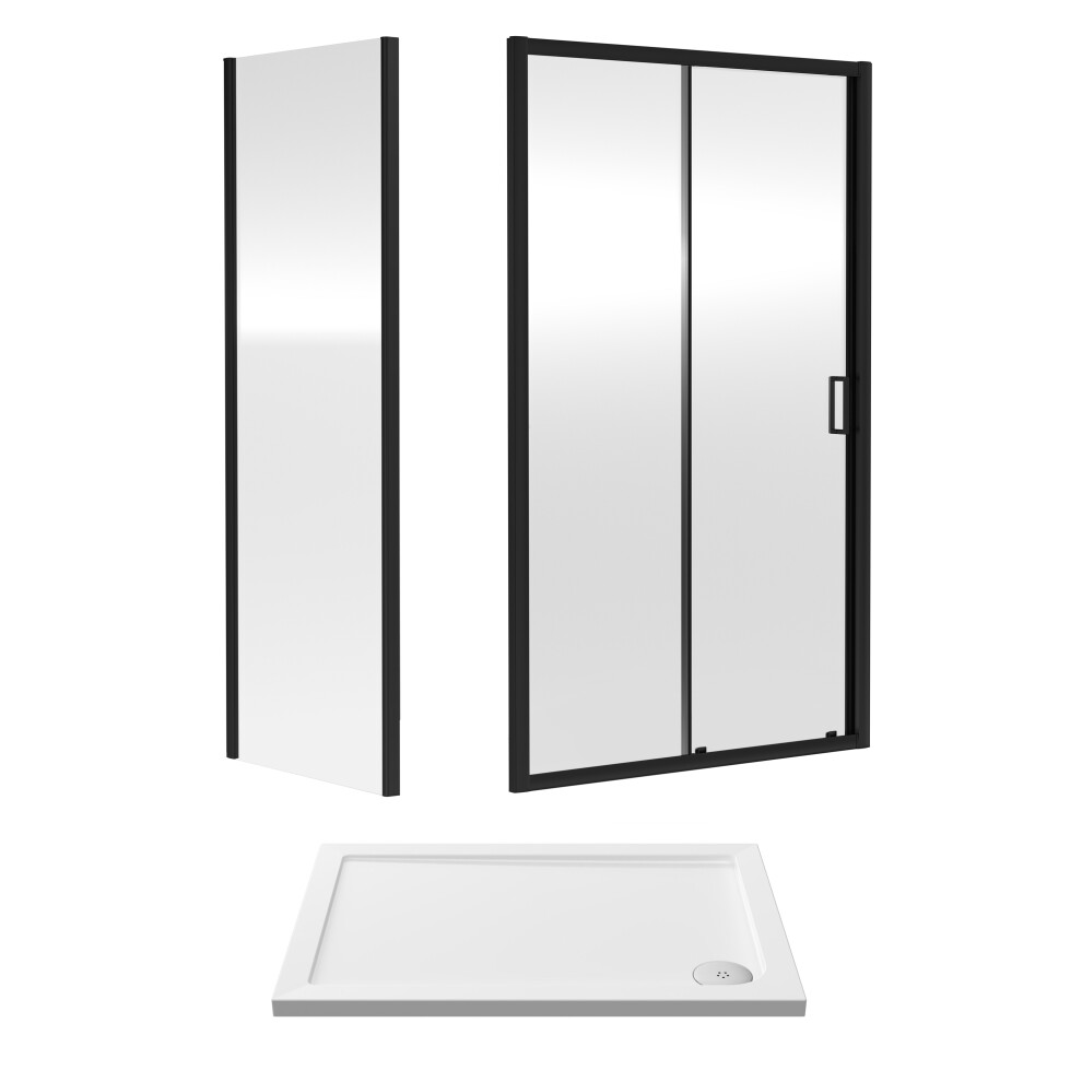 6mm Toughened Safety Glass Sliding Shower Door, Side Panel and Shower Tray -  1000 x 700 x 1900mm - Matt Black Frame - White Tray