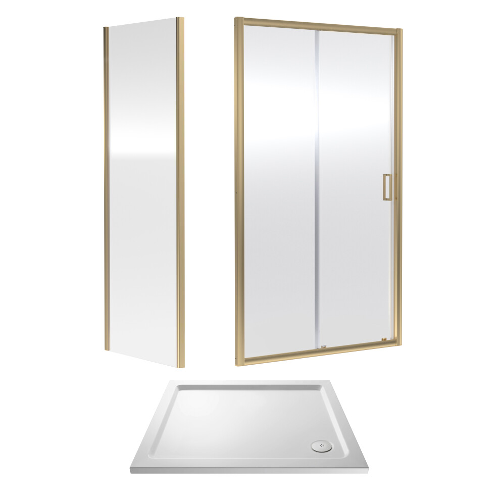 6mm Toughened Safety Glass Sliding Shower Door, Side Panel and Shower Tray - 1000 x 760 x 1900mm - Brushed Brass Frame - White Tray