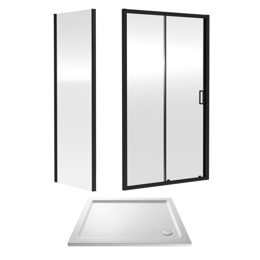 6mm Toughened Safety Glass Sliding Shower Door, Side Panel and Shower Tray - 1000 x 760 x 1900mm - Matt Black Frame - White Tray