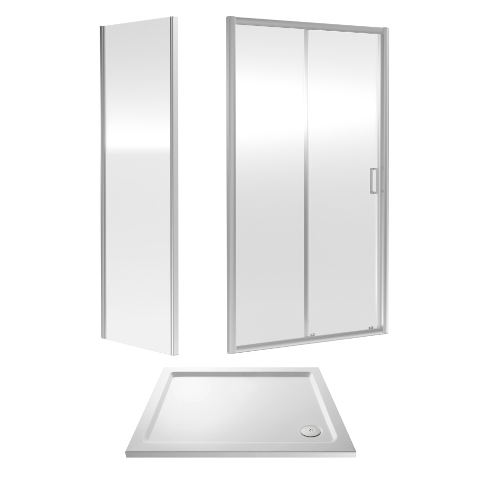 6mm Toughened Safety Glass Sliding Shower Door, Side Panel and Shower Tray - 1000 x 900 x 1900mm - Chrome Frame - White Tray