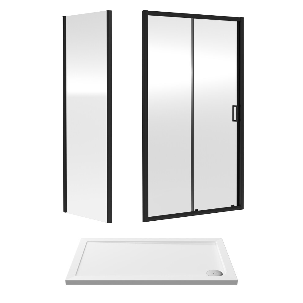6mm Toughened Safety Glass Sliding Shower Door, Side Panel and Shower Tray - 1200 x 700 x 1900mm - Matt Black Frame - White Tray