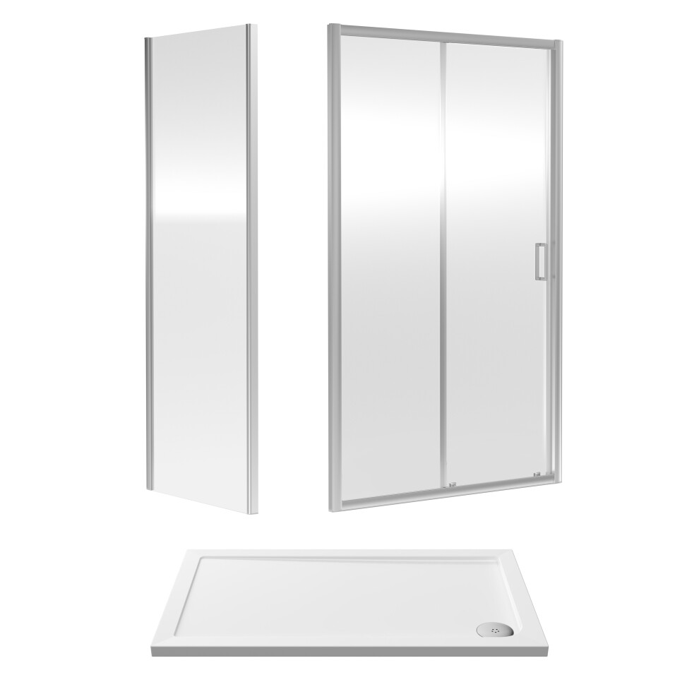 6mm Toughened Safety Glass Sliding Shower Door, Side Panel and Shower Tray - 1200 x 700 x 1900mm - Chrome Frame - White Tray