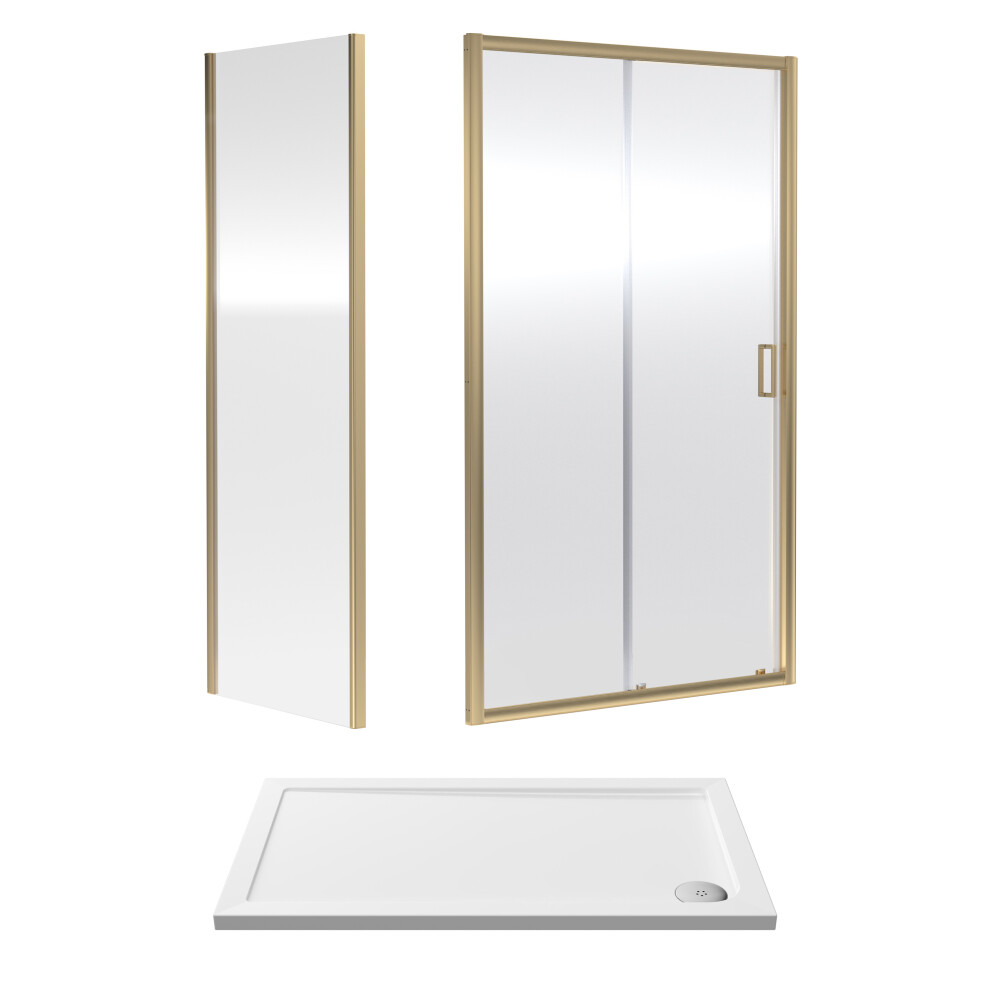 6mm Toughened Safety Glass Sliding Shower Door, Side Panel and Shower Tray - 1200 x 700 x 1900mm - Brushed Brass Frame - White Tray