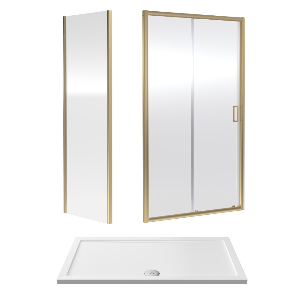 Ruwa 6mm Toughened Safety Glass Sliding Shower Door, Side Panel and Shower Tray - 1400 x 760 x 1900mm - Brushed Brass/White - Balterely