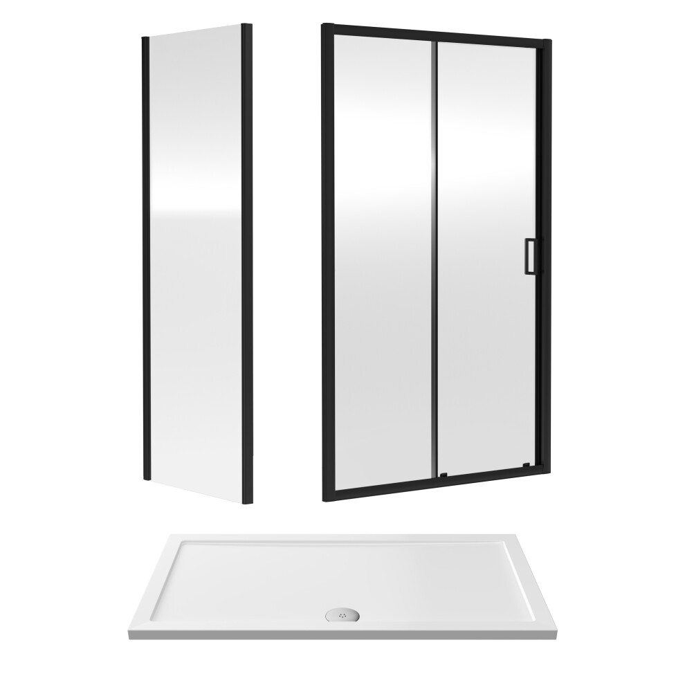6mm Toughened Safety Glass Sliding Shower Door, Side Panel and Shower Tray - 1400 x 760 x 1900mm - Matt Black Frame - White Tray