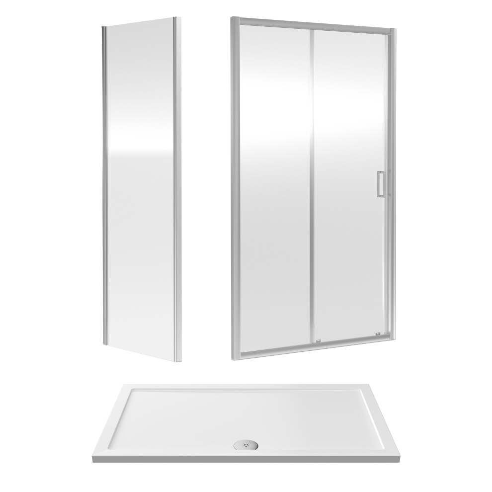 6mm Toughened Safety Glass Sliding Shower Door, Side Panel and Shower Tray - 1400 x 800 x 1900mm - Chrome Frame - White Tray