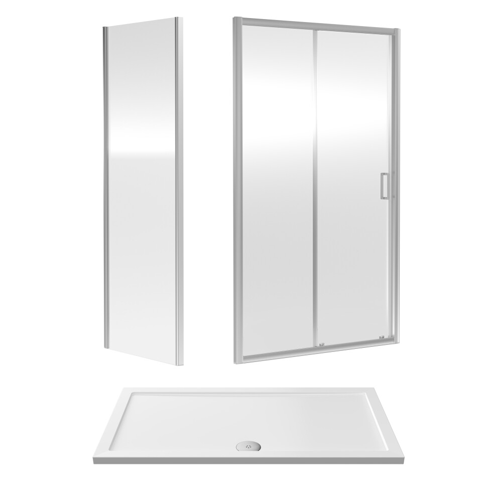 Ruwa 6mm Toughened Safety Glass Sliding Shower Door, Side Panel and Shower Tray - 1400 x 760 x 1900mm - Chrome/White - Balterely