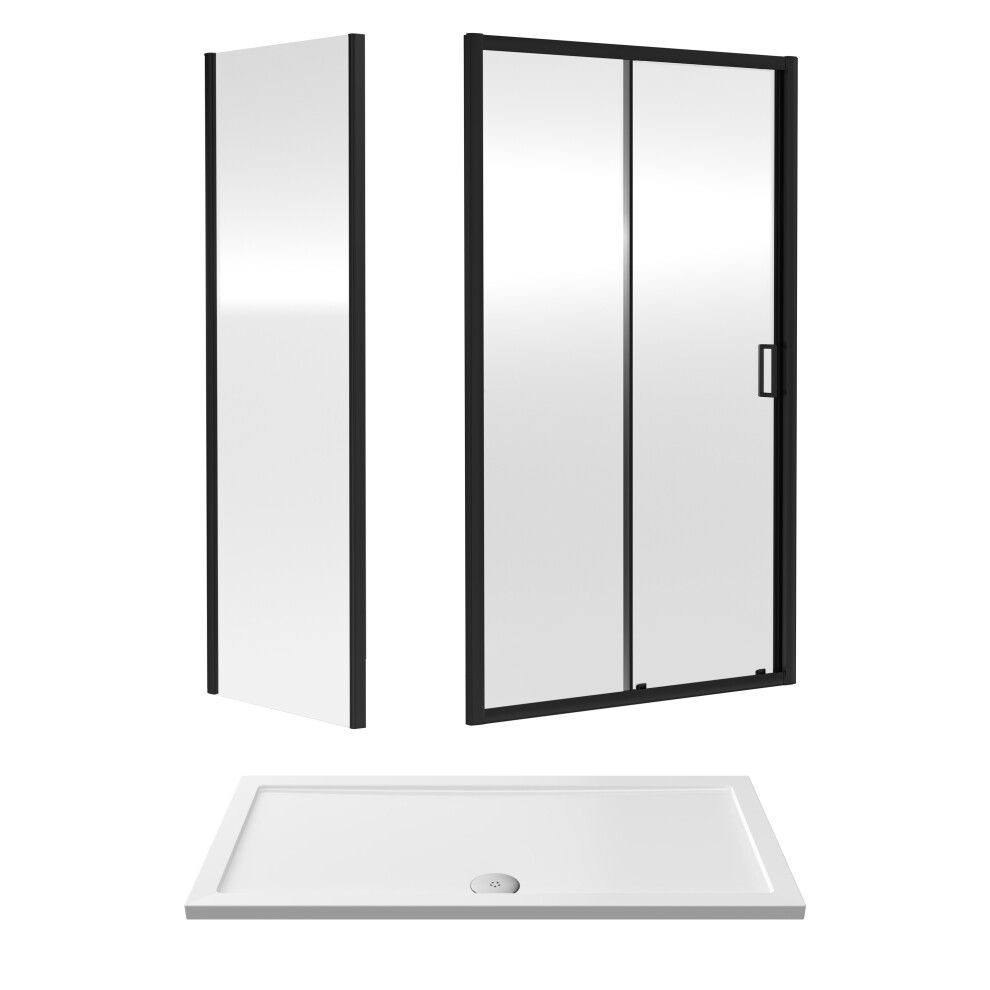 6mm Toughened Safety Glass Sliding Shower Door, Side Panel and Shower Tray - 1400 x 700 x 1900mm - Matt Black Frame - White Tray