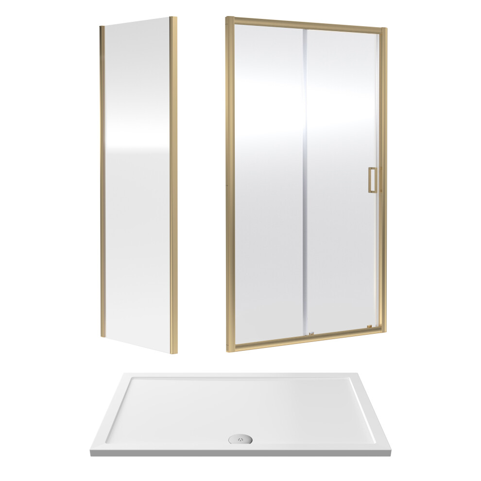 Ruwa 6mm Toughened Safety Glass Sliding Shower Door, Side Panel and Shower Tray - 1400 x 900 x 1900mm - Brushed Brass/White - Balterely