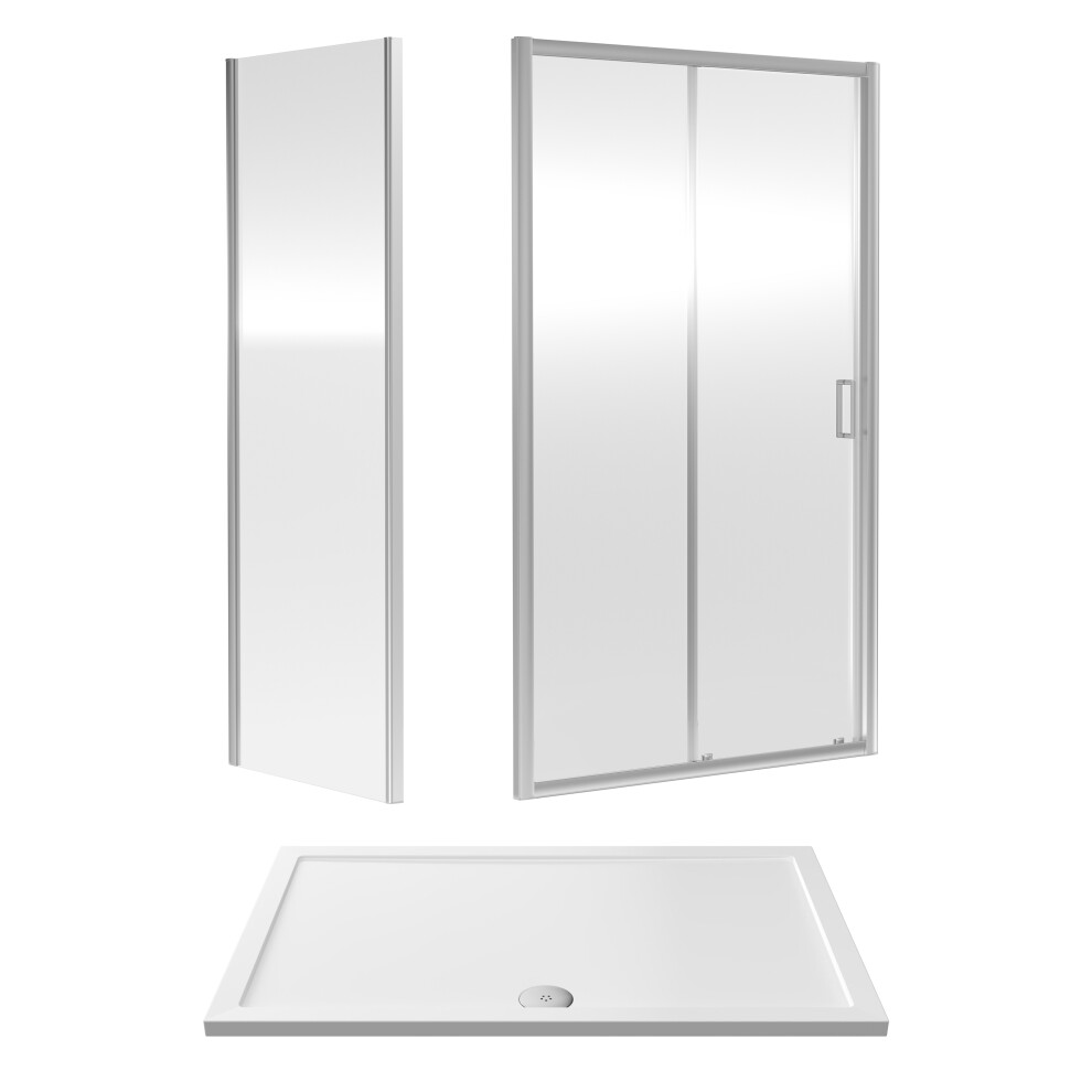 6mm Toughened Safety Glass Sliding Shower Door, Side Panel and Shower Tray - 1400 x 900 x 1900mm - Chrome Frame - White Tray