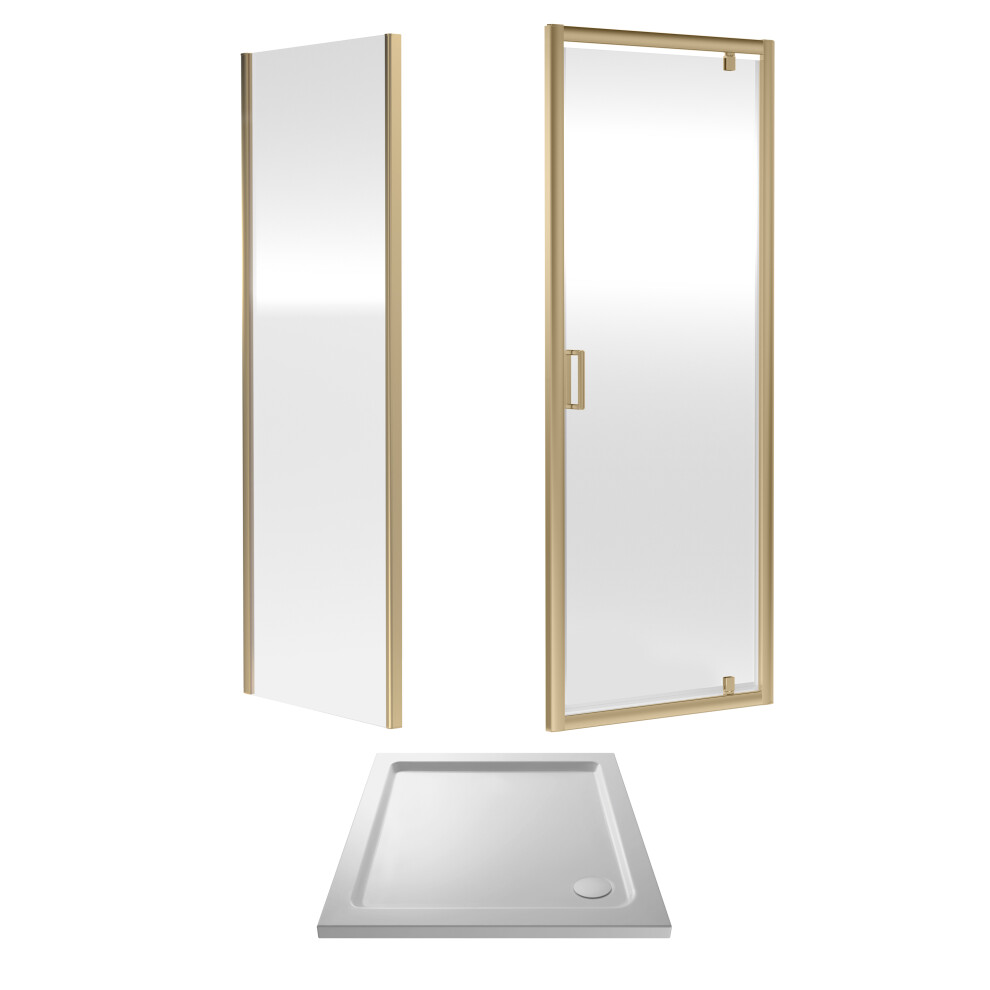 Ruwa 6mm Toughened Safety Glass Pivot Shower Door, Side Panel and Shower Tray - 800mm - Brushed Brass/White - Balterley