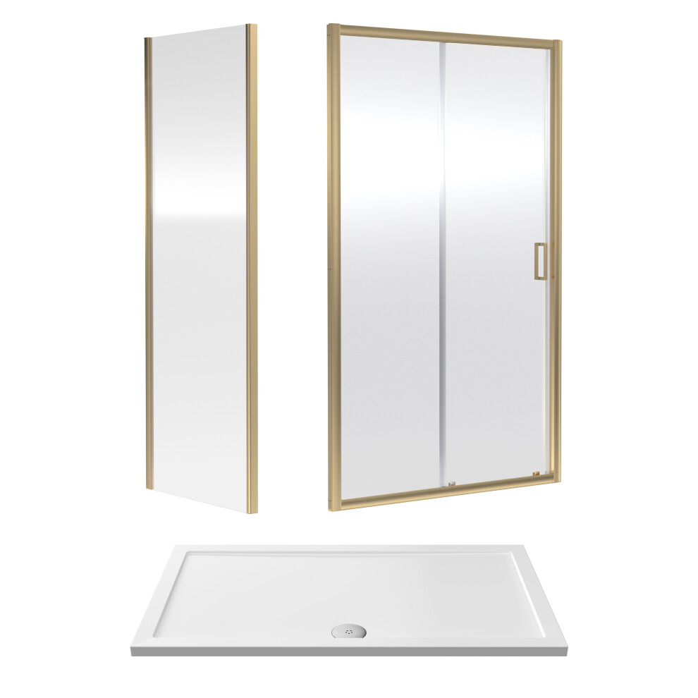 6mm Toughened Safety Glass Sliding Shower Door, Side Panel and Shower Tray - 1400 x 800 x 1900mm - Brushed Brass Frame - White Tray