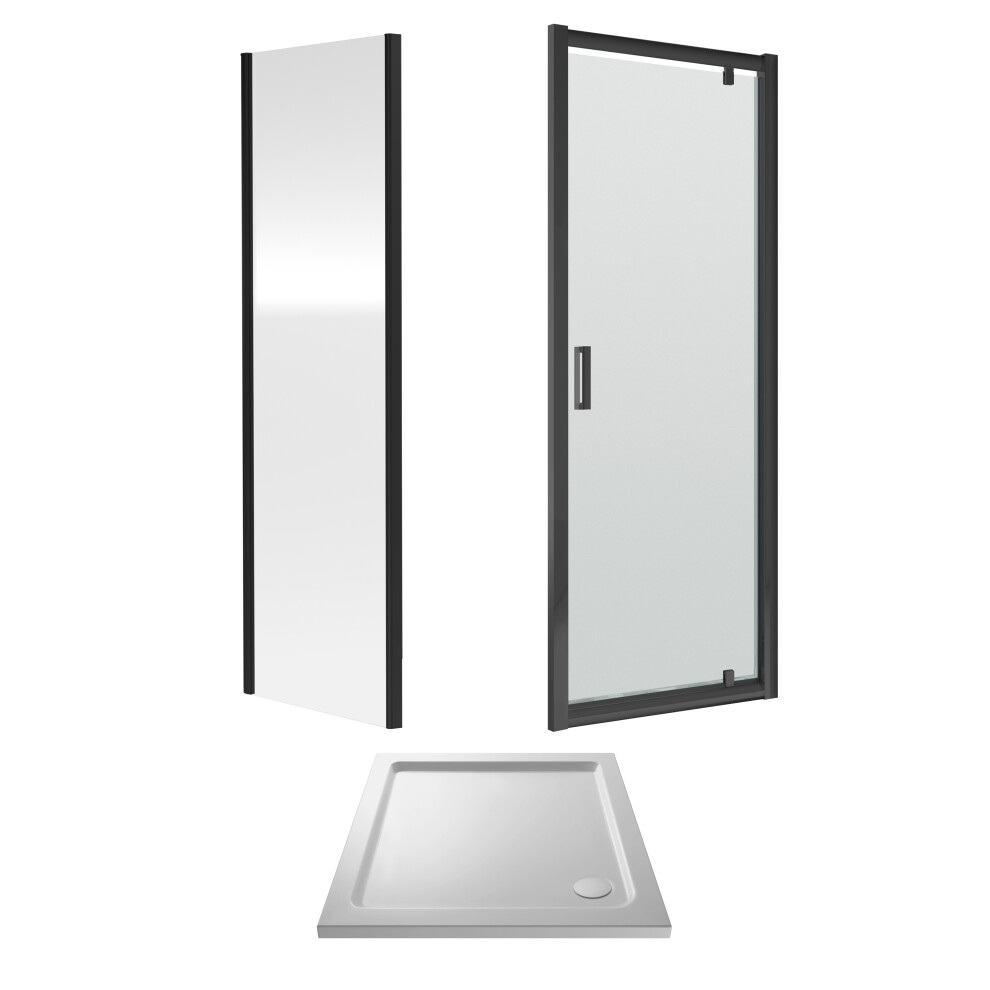 6mm Toughened Safety Glass Pivot Shower Door, Side Panel and Shower Tray - 900 x 900 x 1900mm - Matt Black Frame - White Tray