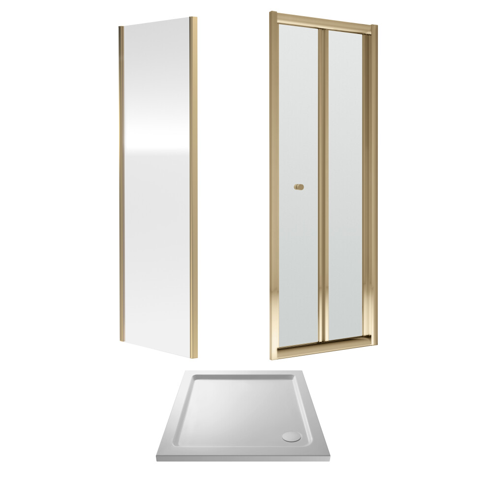 Ruwa Toughened Safety Glass Bi-Fold Shower Door, Side Panel and Shower Tray - 760mm - Brushed Brass/White - Balterley