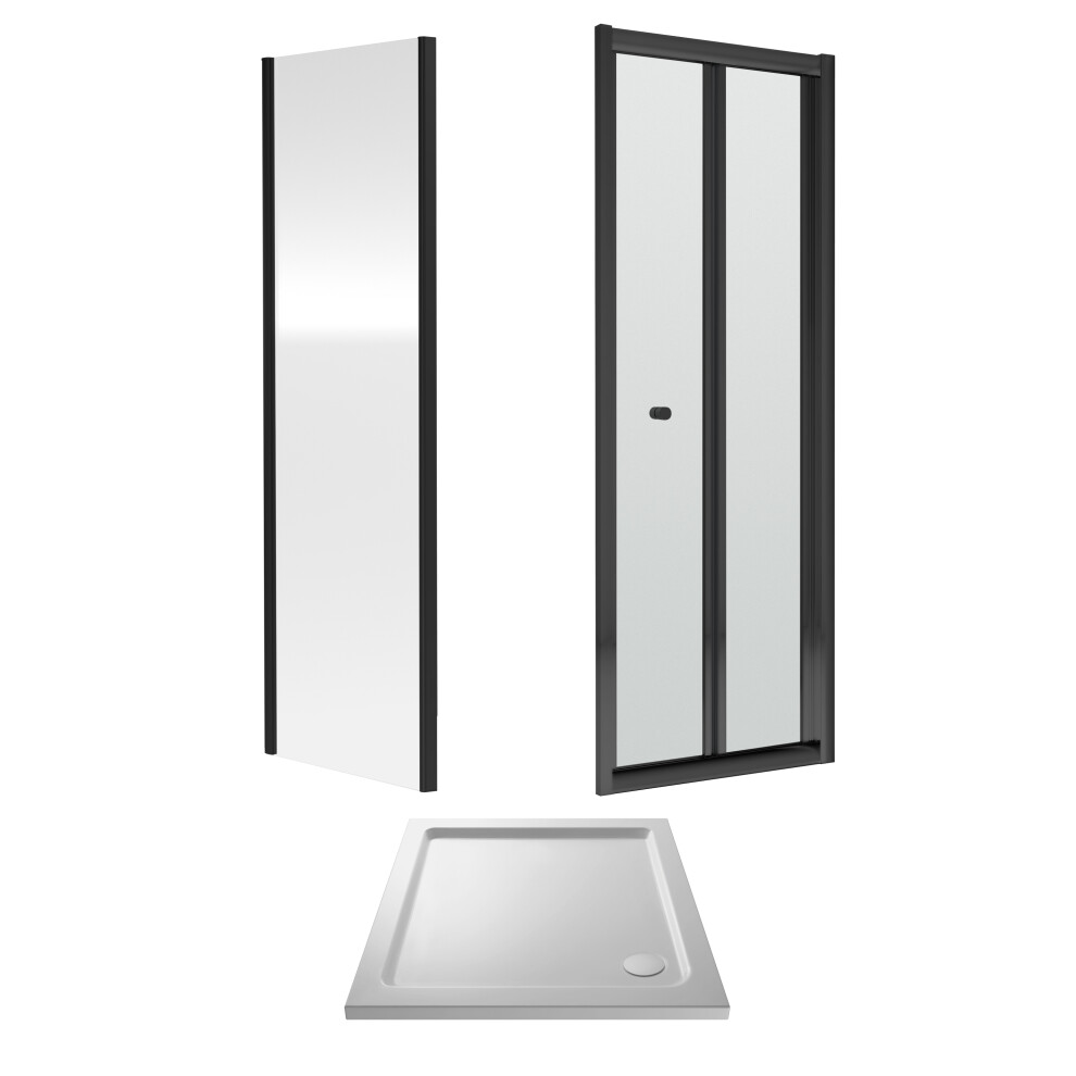 6mm Toughened Safety Glass Bi-Fold Shower Door, Side Panel and Shower Tray - 760 x 760 x 1900mm - Matt Black Frame - White Tray