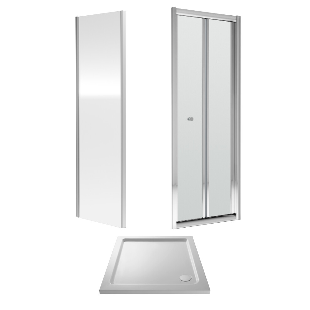 6mm Toughened Safety Glass Bi-Fold Shower Door, Side Panel and Shower Tray - 800 x 800 x 1900mm - Chrome Frame - White Tray