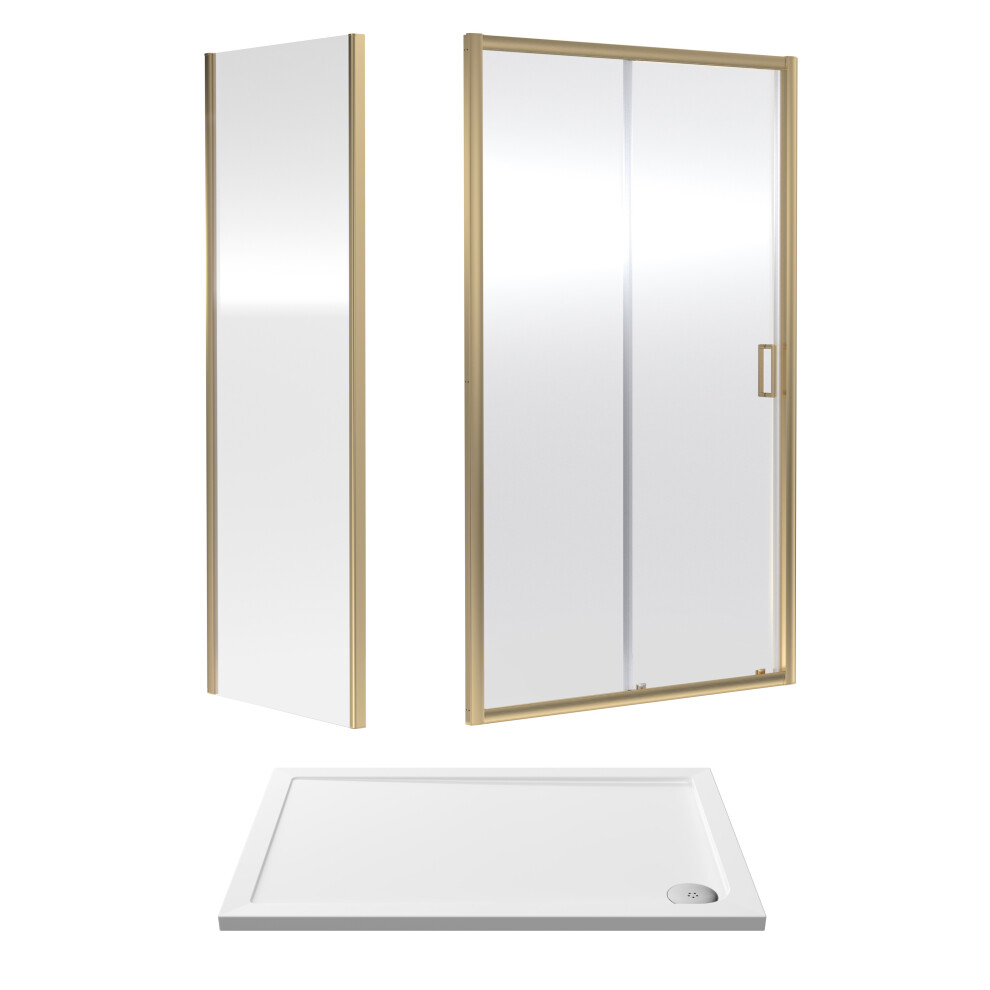 6mm Toughened Safety Glass Sliding Shower Door, Side Panel and Shower Tray - 1200 x 800 x 1900mm - Brushed Brass Frame - White Tray
