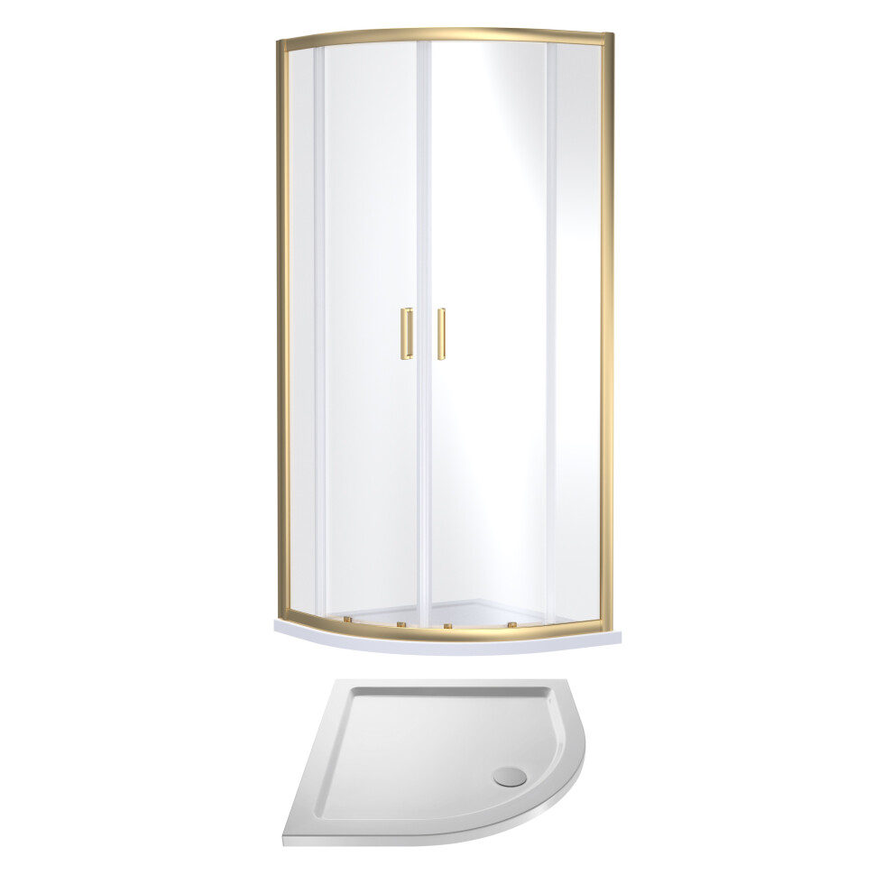 6mm Toughened Safety Glass Quadrant Shower Enclosure and Resin Shower Tray - 800 x 800 x 1900mm - Brushed Brass Frame - White Tray