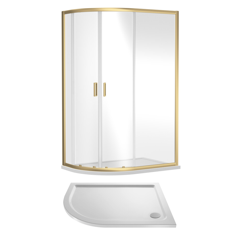 6mm Toughened Safety Glass Left Hand Offset Quadrant Shower Enclosure and Resin Shower Tray - 1200 x 800 x 1900mm - Brushed Brass Frame - White Tray