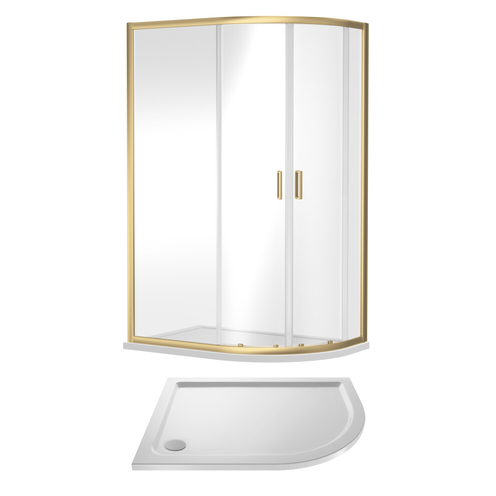 6mm Toughened Safety Glass Right Hand Offset Quadrant Shower Enclosure and Resin Shower Tray - 1200 x 900 x 1900mm - Brushed Brass Frame - White Tray