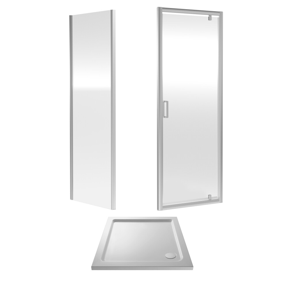 6mm Toughened Safety Glass Pivot Shower Door, Side Panel and Shower Tray - 760 x 760 x 1900mm - Chrome Frame - White Tray