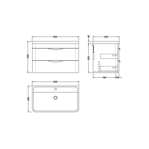 Balterley Wall Hung 2 Drawer Vanity Unit with Ceramic Basin - 800mm - Soft Black 2