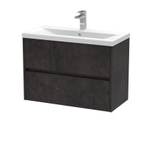 Square Wall Hung 2 Drawer Vanity Unit & Ceramic Basin, 800mm - Textured Matt Metallic Slate