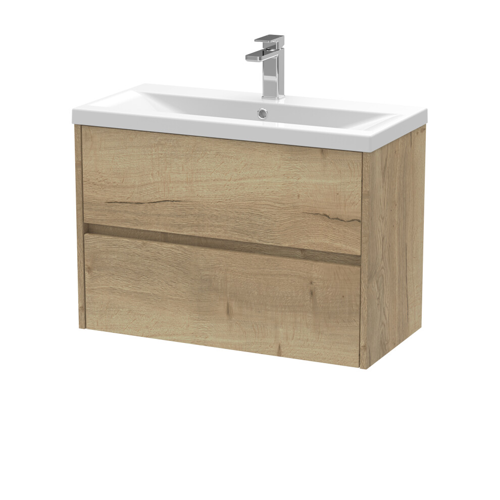 Edge Square Wall Hung 2 Drawer Vanity Unit & Ceramic Basin, 800mm - Woodgrain Autumn Oak - Balterley