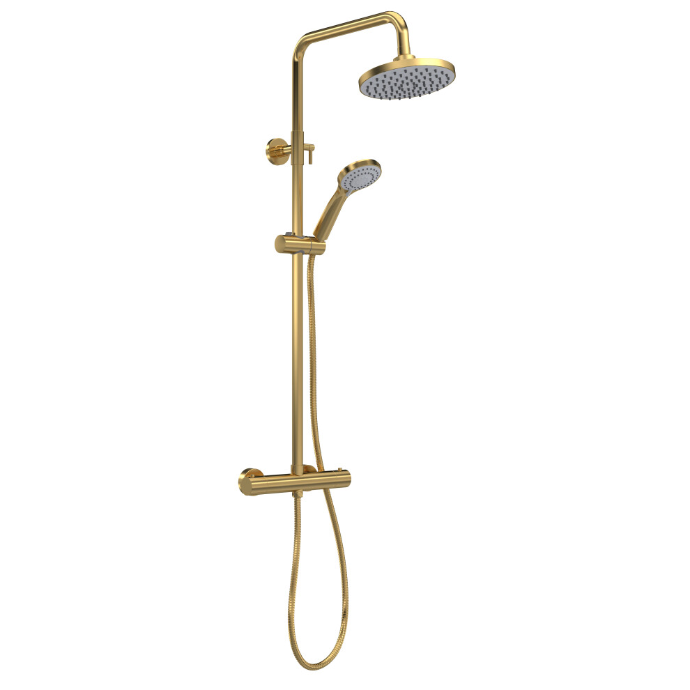 Round Thermostatic Shower Kit with Fixed Head & Adjustable Handset - Brushed Brass-image-OPC-PF2ZRG7-NEW