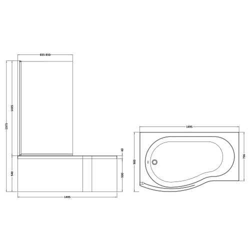 Balterley Left Hand Shower Bath Bundle - Includes Tub, Curved 6mm Safety Glass Screen and Front Panel - 1500mm 2