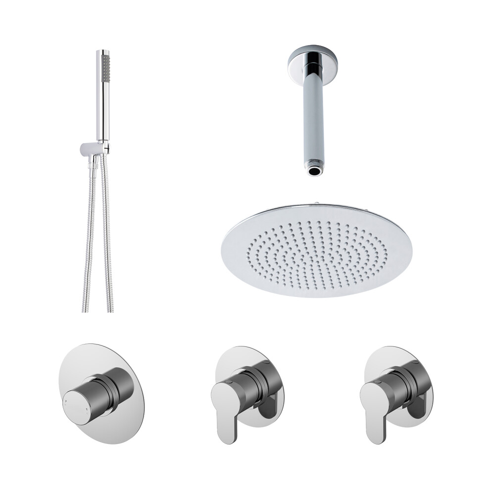 2 Outlet Concealed Valves Shower Bundle with Handset, Ceiling Mount Arm & Head - Chrome