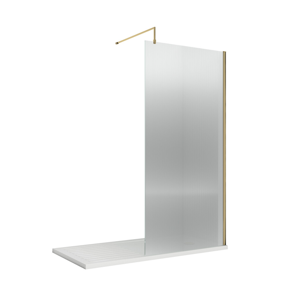 8mm Toughened Safety Glass Wetroom Screen & Support Bar, 1850mm x 800mm - Brushed Brass